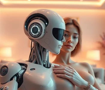 A stunningly lifelike sex bot engaging in a cozy, futuristic setting, showcasing advanced AI features and intimate interaction.