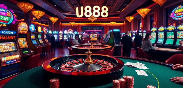 Experience the thrill of U888 at an exciting casino table with vibrant games and players.