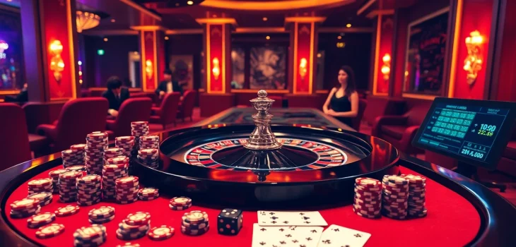 Cà khịa tv showcases an exciting casino atmosphere with poker chips and roulette tables.