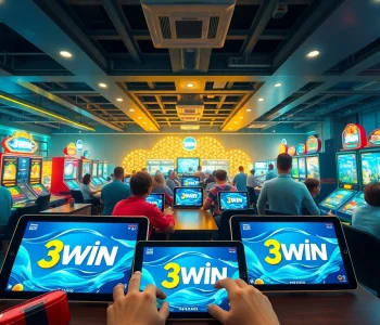 Exciting online gaming scene with 3WIN logo, showcasing diverse players enjoying casino and fishing games.