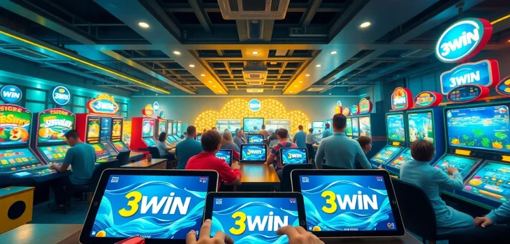 Exciting online gaming scene with 3WIN logo, showcasing diverse players enjoying casino and fishing games.