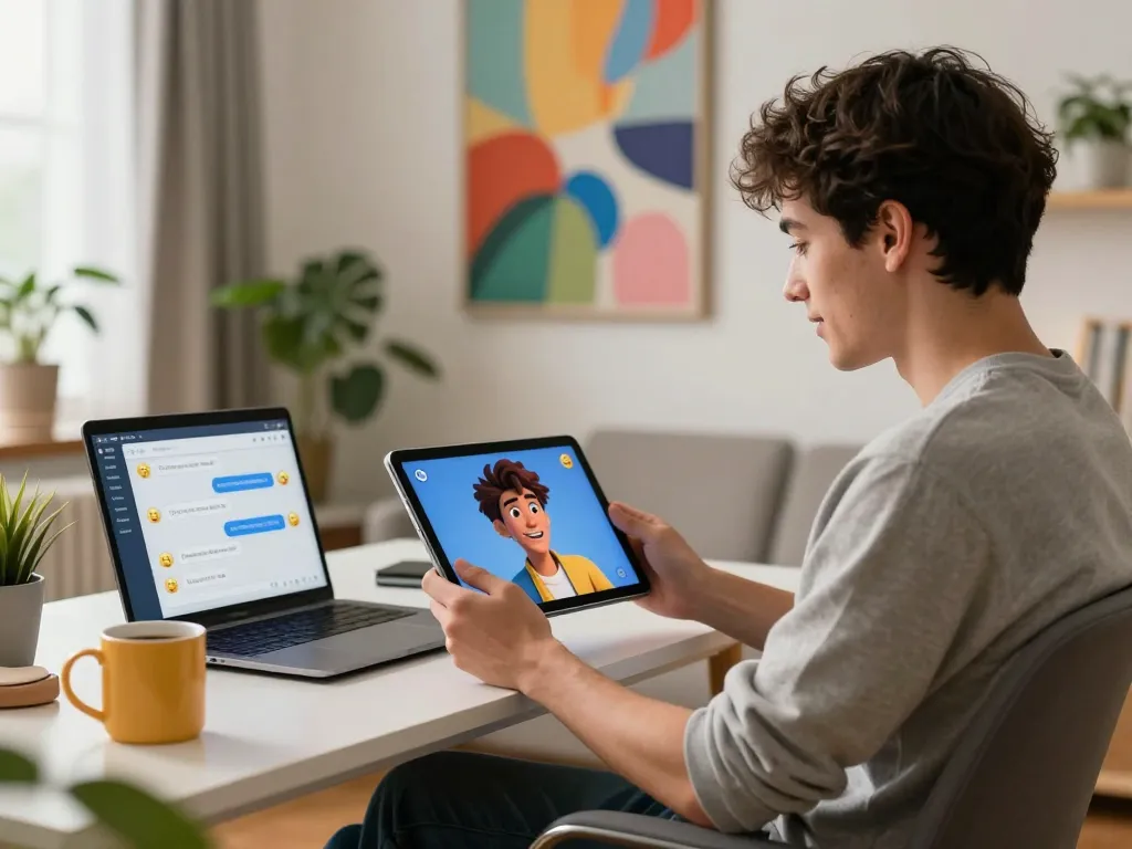 AI 18+ virtual companion interaction in a cozy home setting.