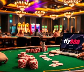 Experience the thrill of fly88 at a luxurious casino table with vibrant poker chips and cards.