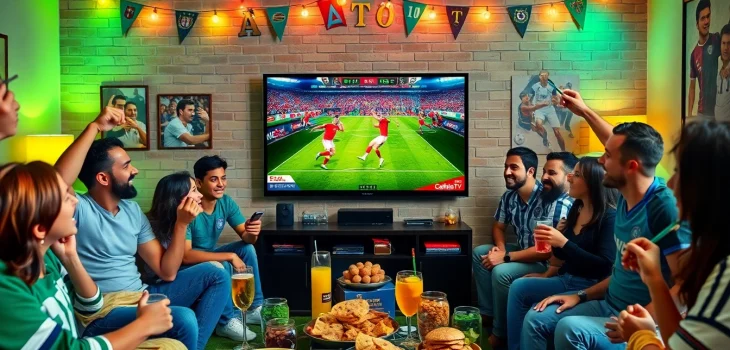 Cakhia TV football viewing party with enthusiastic fans enjoying a live match.