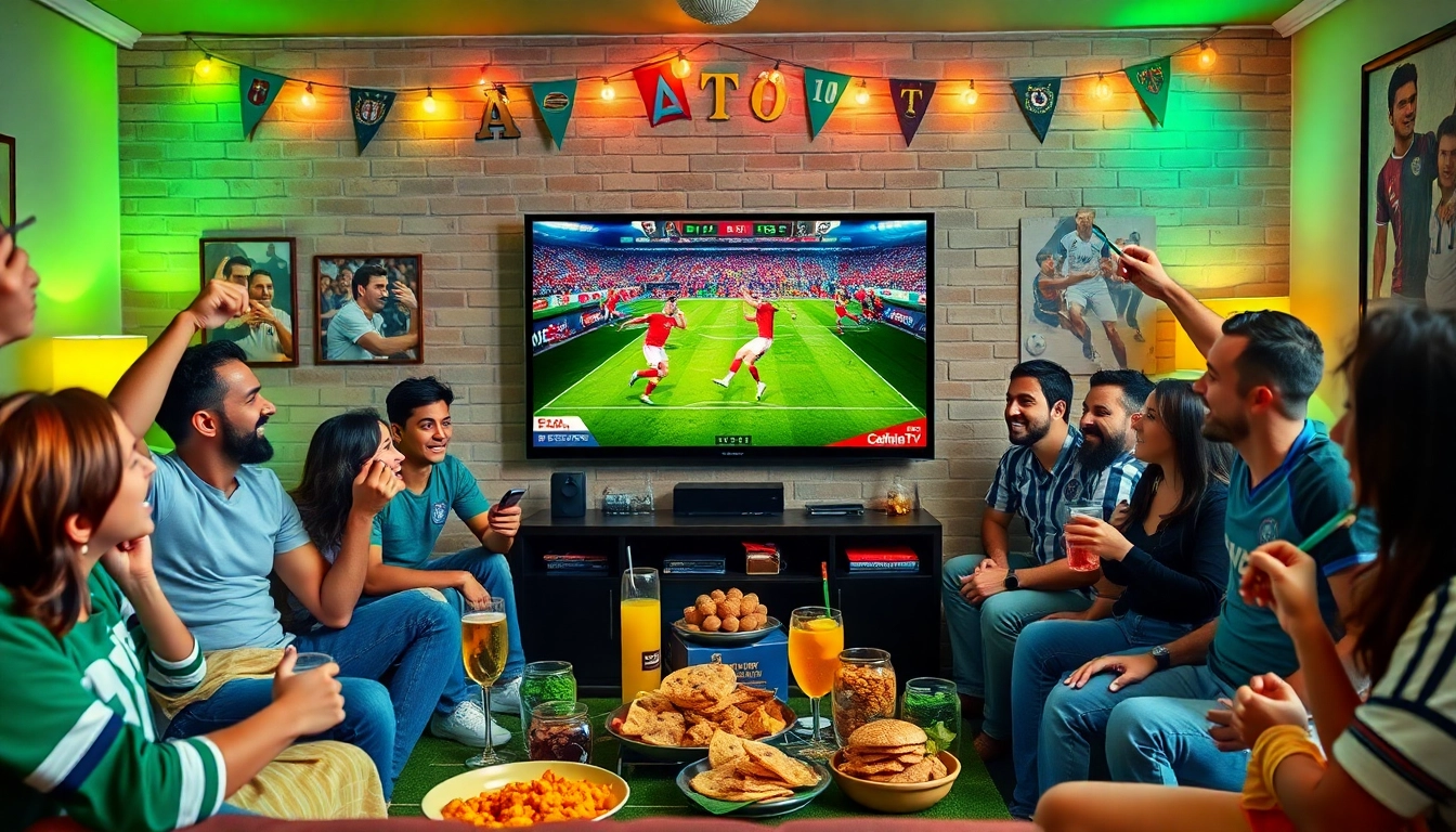 Cakhia TV football viewing party with enthusiastic fans enjoying a live match.