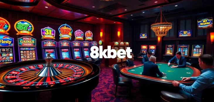 Experience an exhilarating 8kbet casino atmosphere with spinning roulette and engaging players.