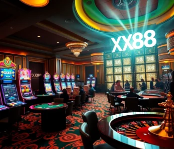 Gamblers enjoying a luxurious casino experience at XX88, featuring vibrant slot machines.
