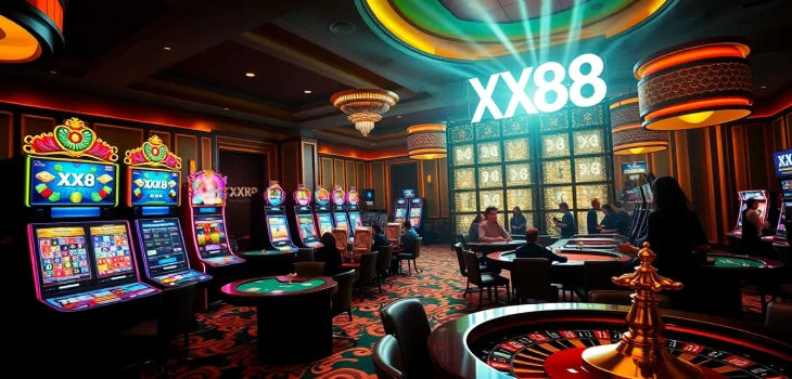 Gamblers enjoying a luxurious casino experience at XX88, featuring vibrant slot machines.