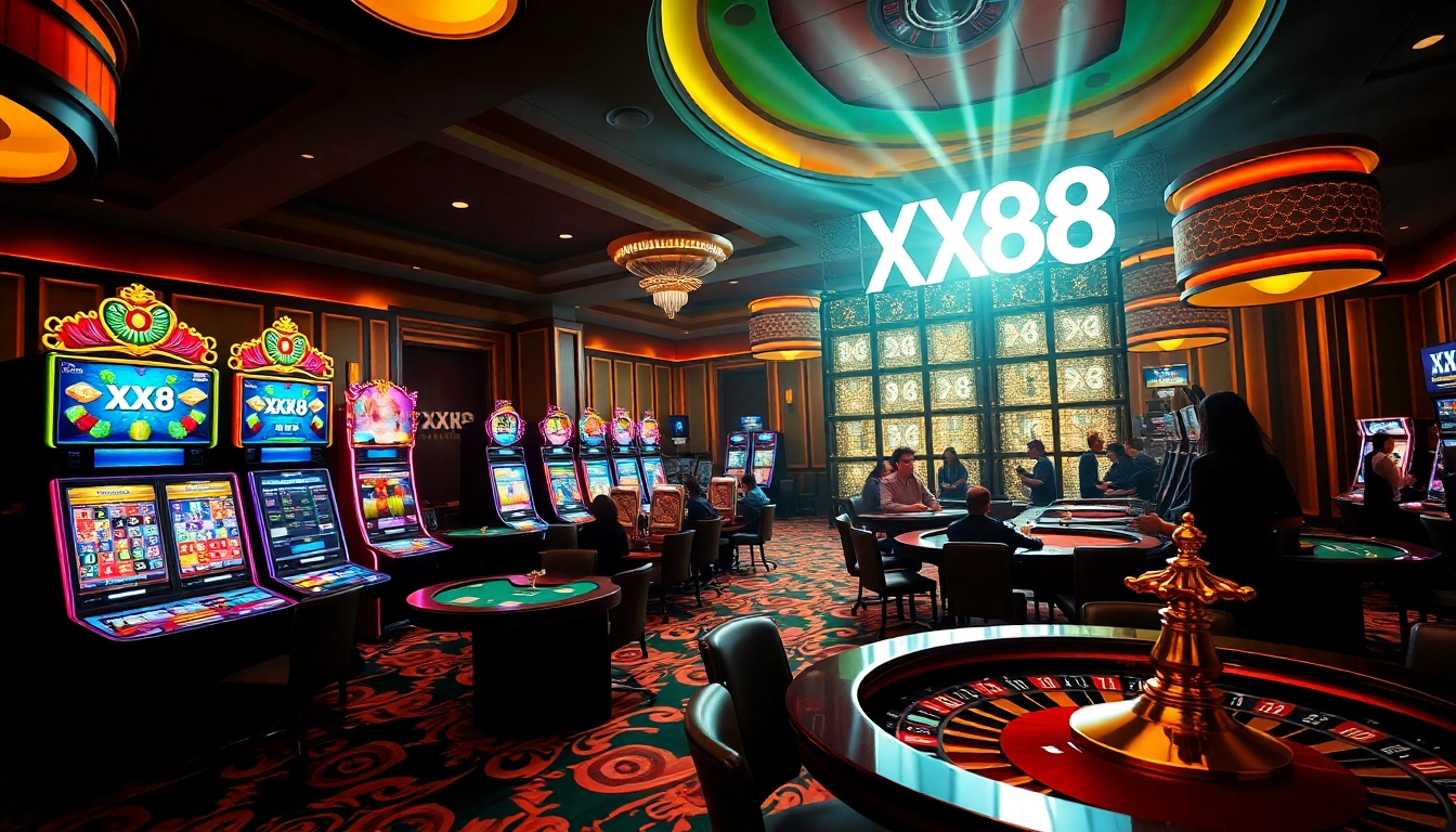 Gamblers enjoying a luxurious casino experience at XX88, featuring vibrant slot machines.