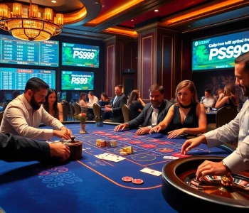 Players engaging with PS99 at a luxurious casino table amidst vibrant gambling excitement.