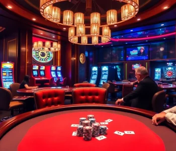 F168 poker table with players in luxurious casino atmosphere, showcasing chips and cards.