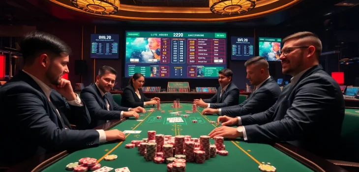 Experience the excitement of tỷ số trực tuyến 7m with vibrant casino visuals, showcasing live betting activities and scores.