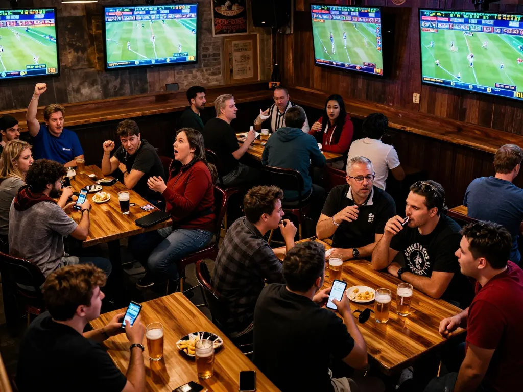 Fans engaging in kèo nhà cái betting at a vibrant sports bar with multiple screens displaying live games.