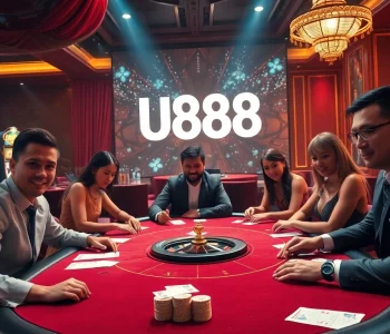 Players engaging at a U888 poker table in a luxurious casino, capturing excitement and strategy.