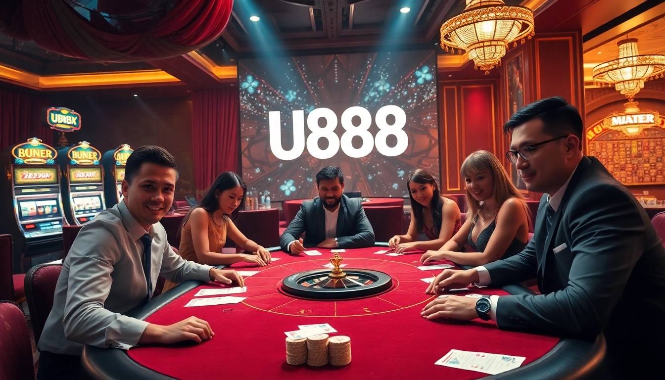 Players engaging at a U888 poker table in a luxurious casino, capturing excitement and strategy.