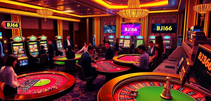 BJ66 casino scene depicting thrilling gameplay with vibrant slot machines and poker tables.