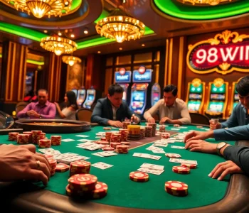 A thrilling poker game scene at 98WIN casino showcasing vibrant chips and intense players.