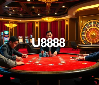 Players enjoying a high-stakes poker game at the luxurious U888 casino.