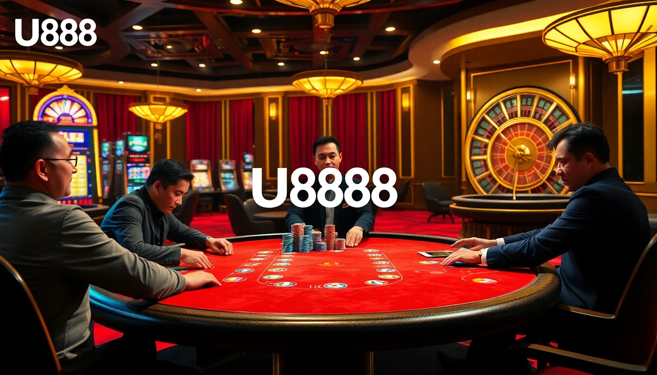 Players enjoying a high-stakes poker game at the luxurious U888 casino.