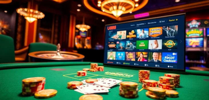 Exciting online gaming scene featuring U888 with poker chips and casino table.