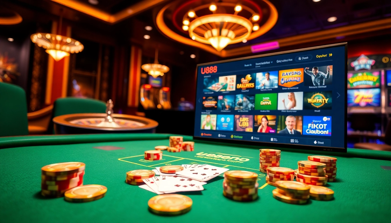 Exciting online gaming scene featuring U888 with poker chips and casino table.