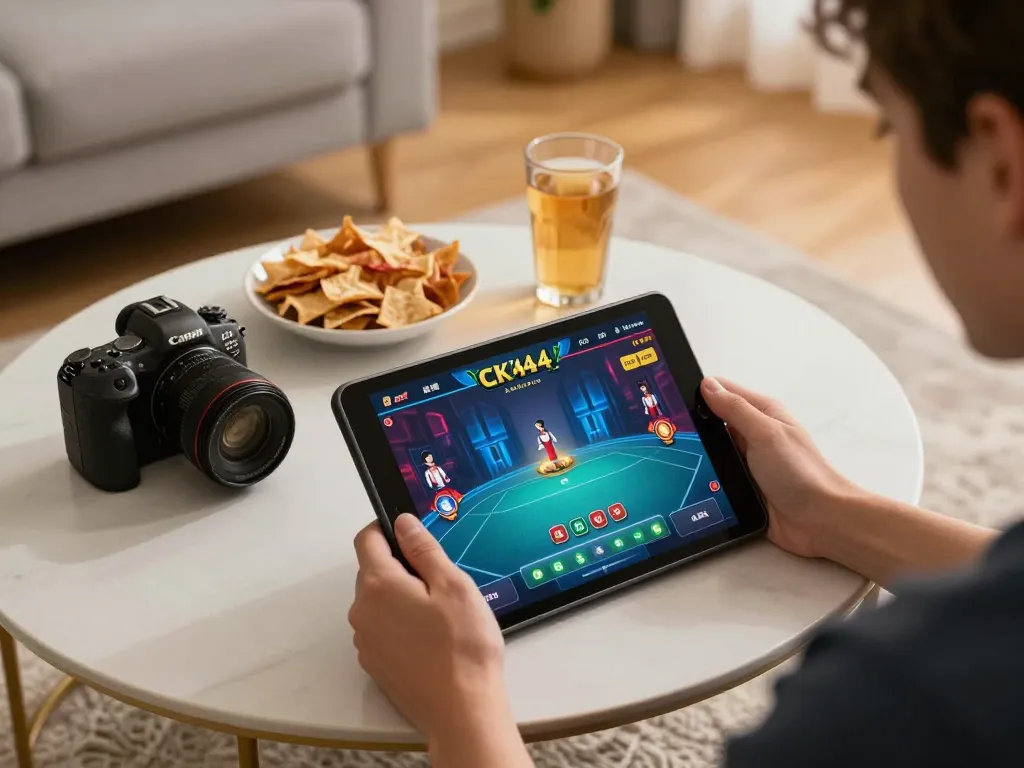Player enjoying CK444 poker game on a tablet in a cozy living room with vibrant graphics