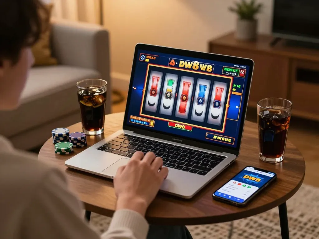 Player enjoying a DW8 slot game on laptop in a cozy living room, enhancing online gaming experience.