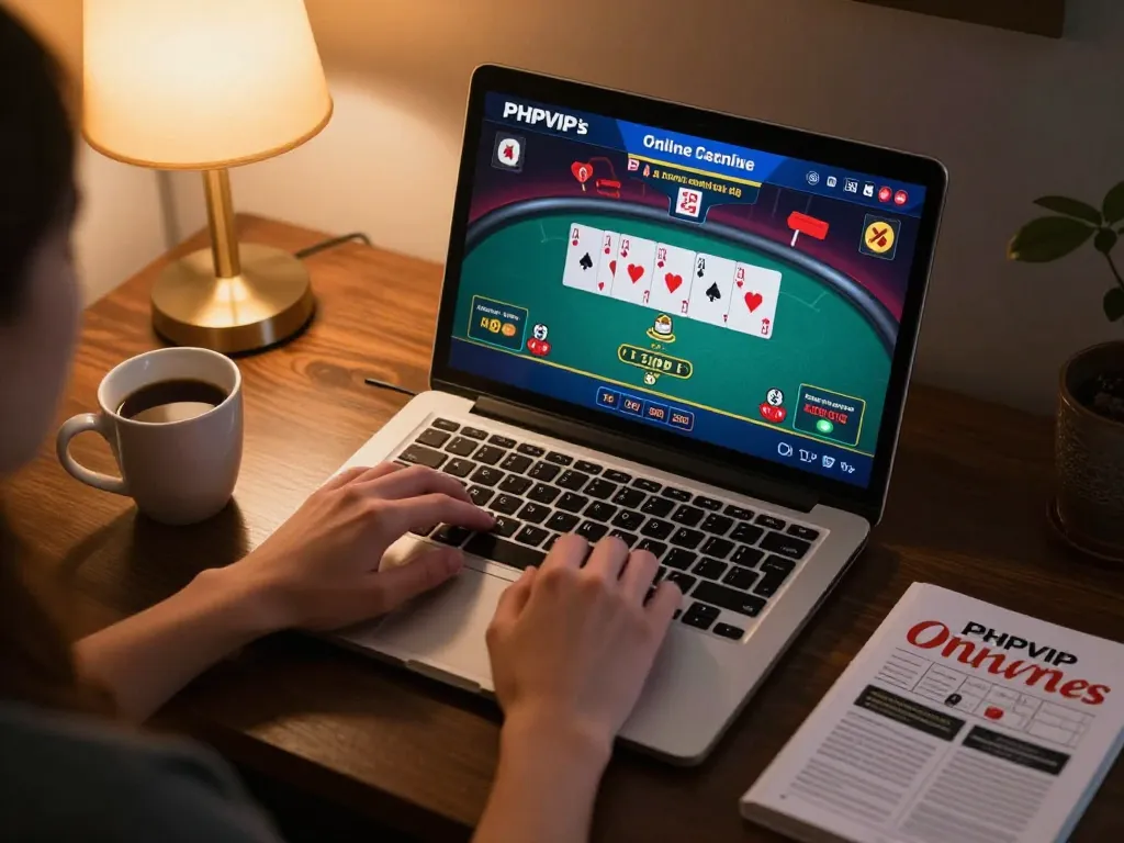 Engaged player at PHPVIP online casino using laptop for strategic poker gameplay in a cozy setting.