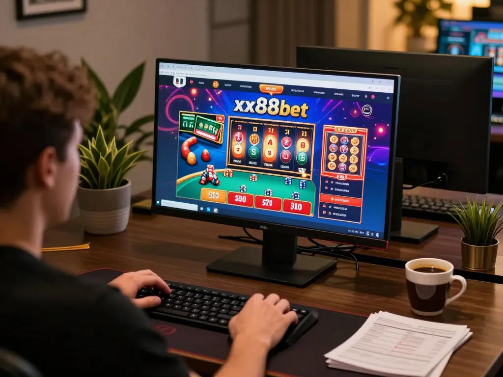 Engaging in online gaming at home with the xx88bet interface visible on screen, creating a vibrant gaming atmosphere.
