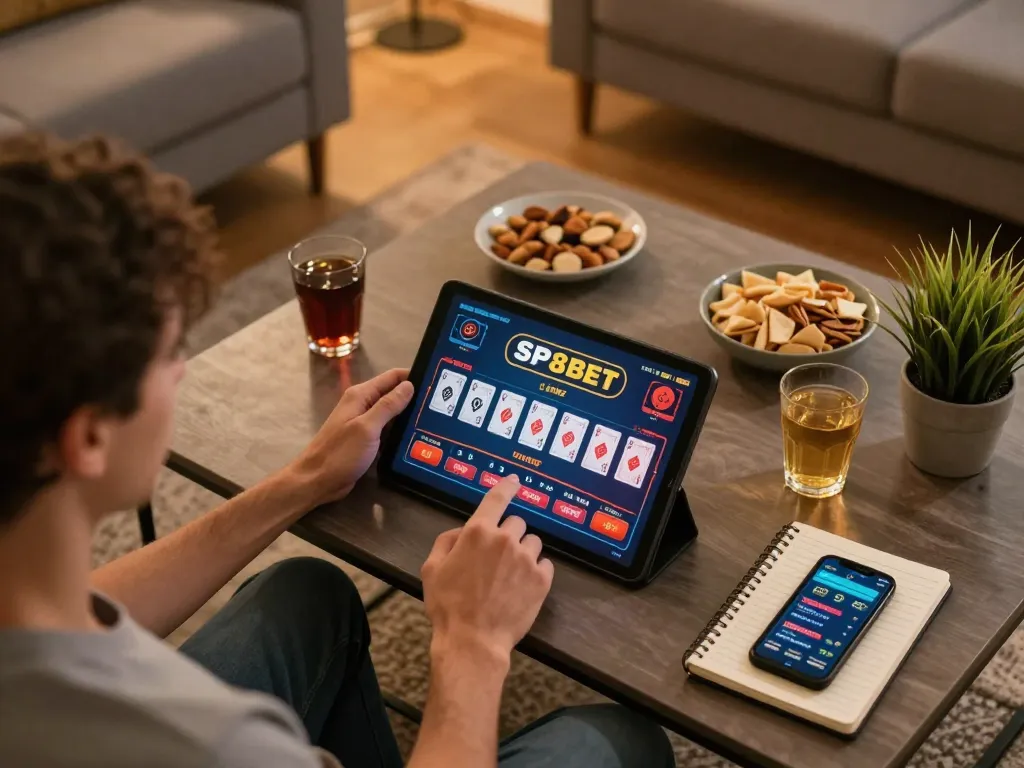 Player engaged in SP8BET live dealer game on tablet, cozy home atmosphere with snacks and betting notes.