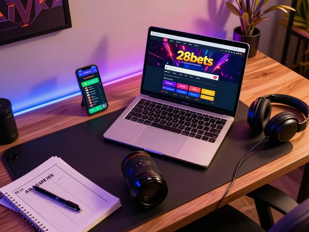 Engaged user playing 28bets casino online, showcasing a modern gaming setup with laptop, smartphone, and strategy notes.