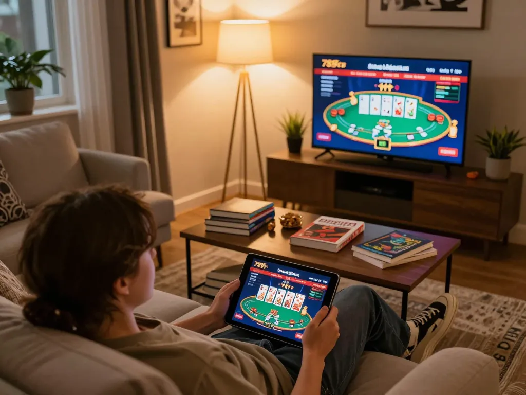 Engaging with the 789f com online casino on tablet, showing vibrant poker game.