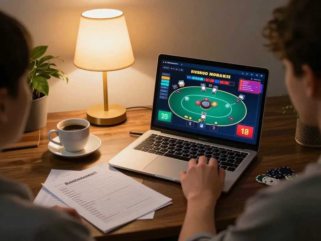 Engaging with tg88 poker game interface on a laptop while enjoying a cozy home atmosphere