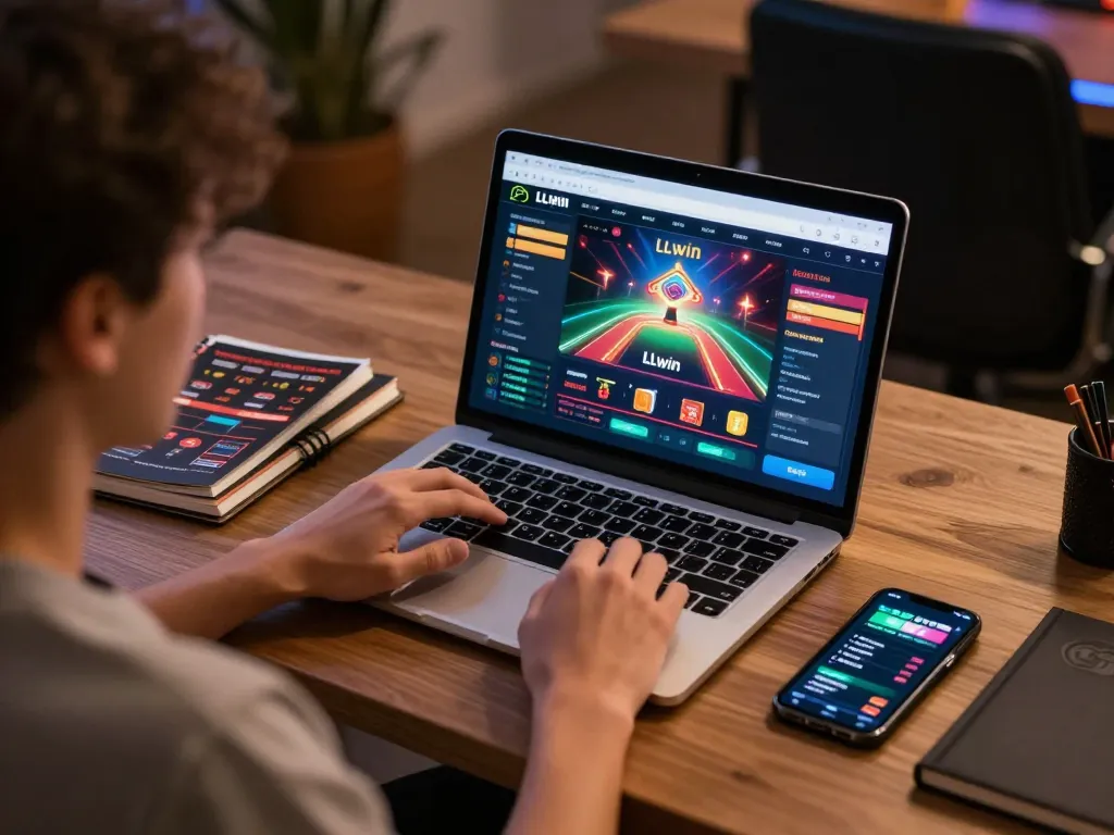 Player engaging with LLwin online casino on laptop while managing betting strategies for responsible gaming