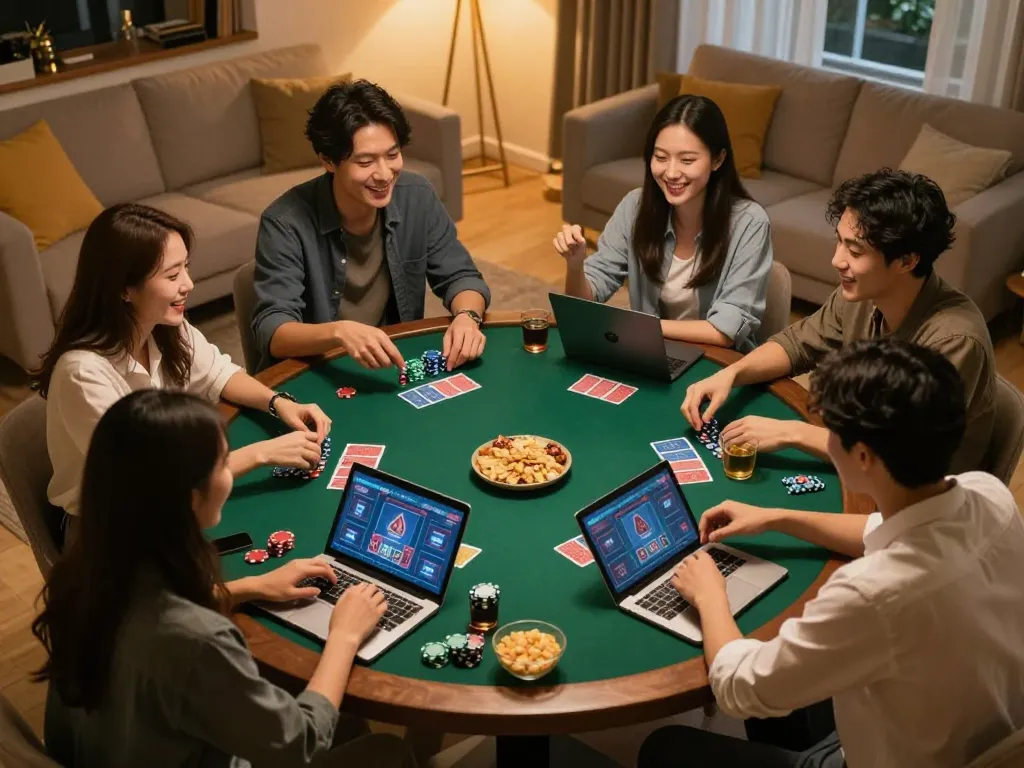 Engaging session of friends playing poker online on VT88 platform in a cozy living room.