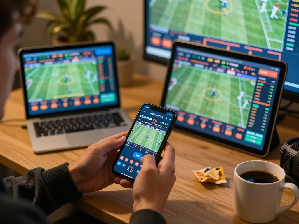 Player engaged in live betting on 678vip, showing mobile device and live odds screen in a cozy setting