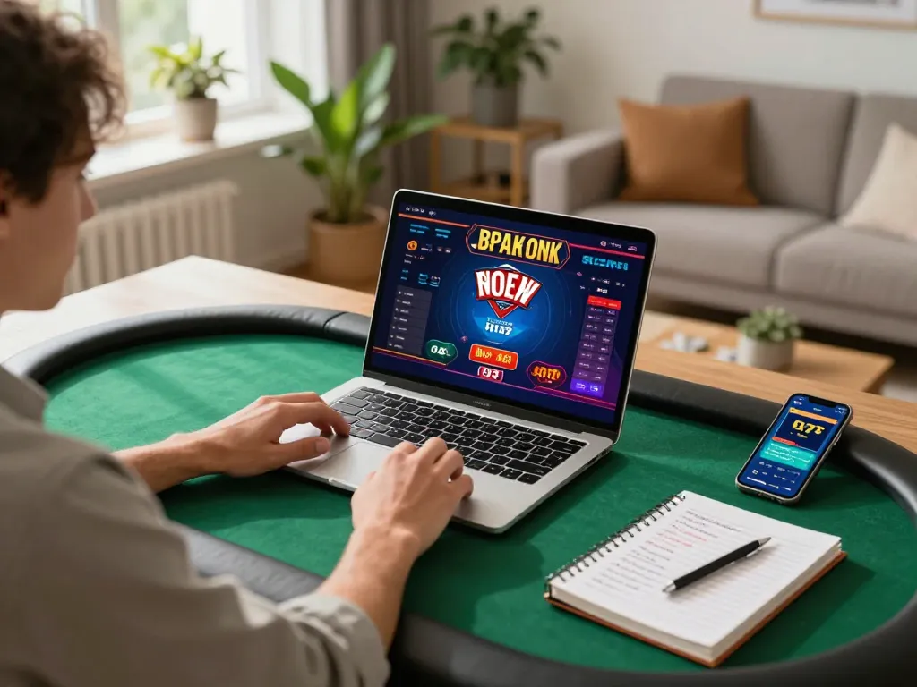 Player exploring RR88 online poker interface on laptop in a cozy room, showcasing gaming strategies.