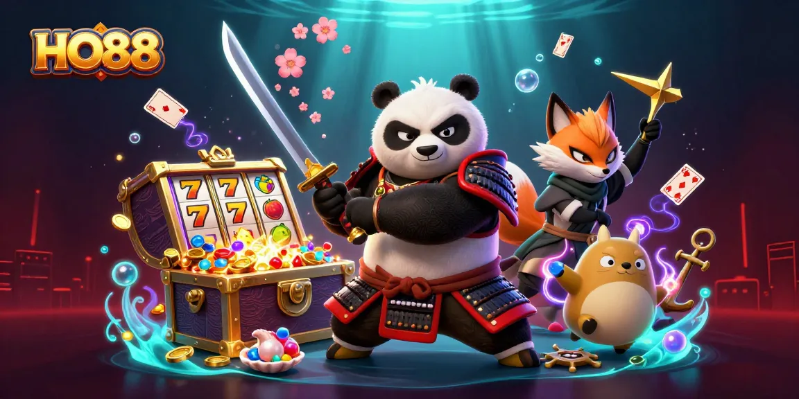 Exciting HO88 gameplay with animated samurai panda, colorful slots, and vibrant treasure elements.