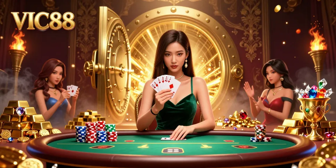 Experience strategic success at VIC88’s luxury poker table surrounded by riches.