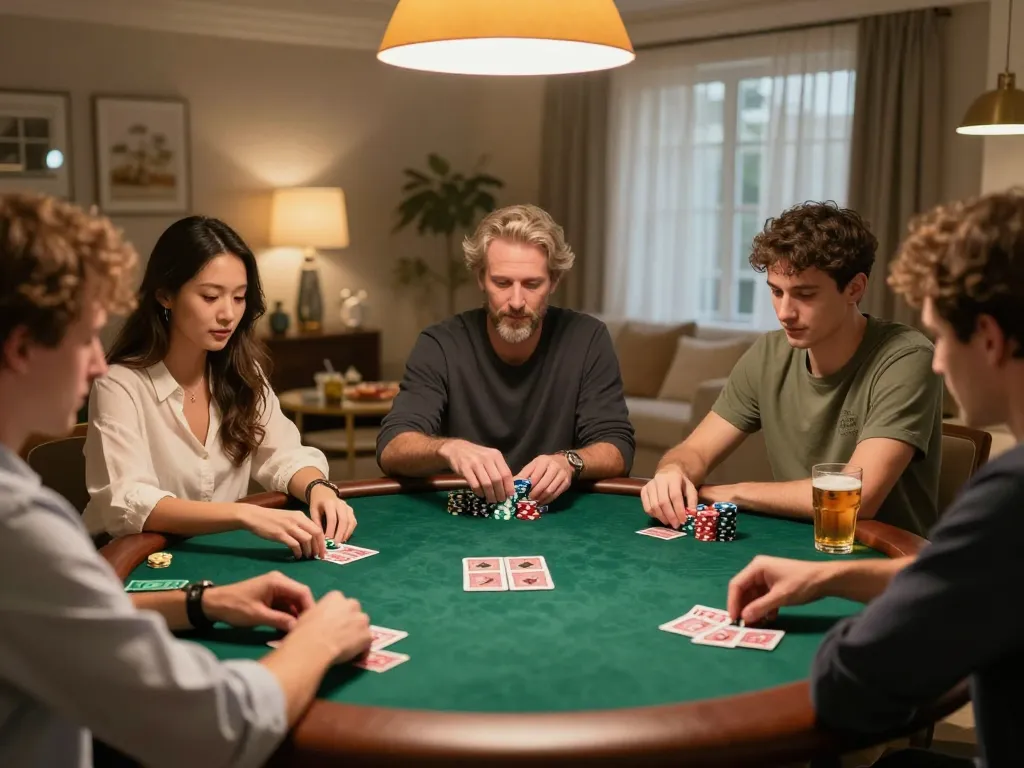 CM88 players engaging in a friendly poker game with strategic hands revealed in a cozy home atmosphere.