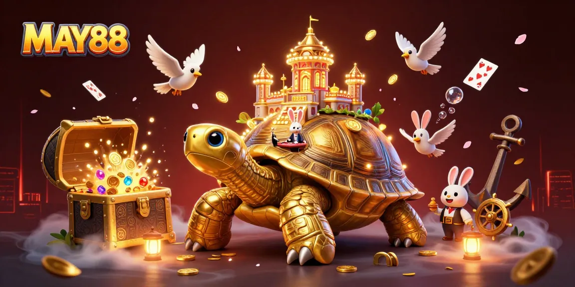 MAY88 showcases a captivating 3D scene with a golden tortoise casino and vibrant gaming elements.