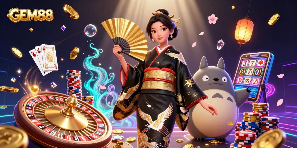 Spin the reels and win big with GEM88's immersive casino scene featuring vibrant characters and rich elements.
