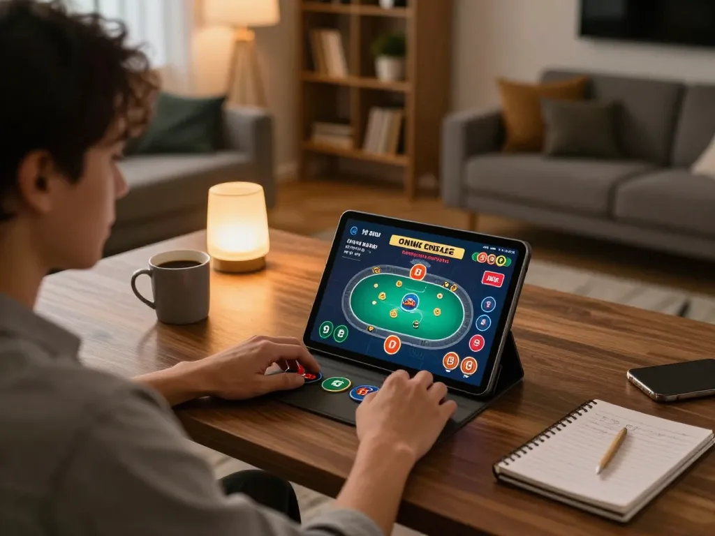 Fun88 online gaming setup showcasing tablet with engaging poker gameplay in a cozy atmosphere.