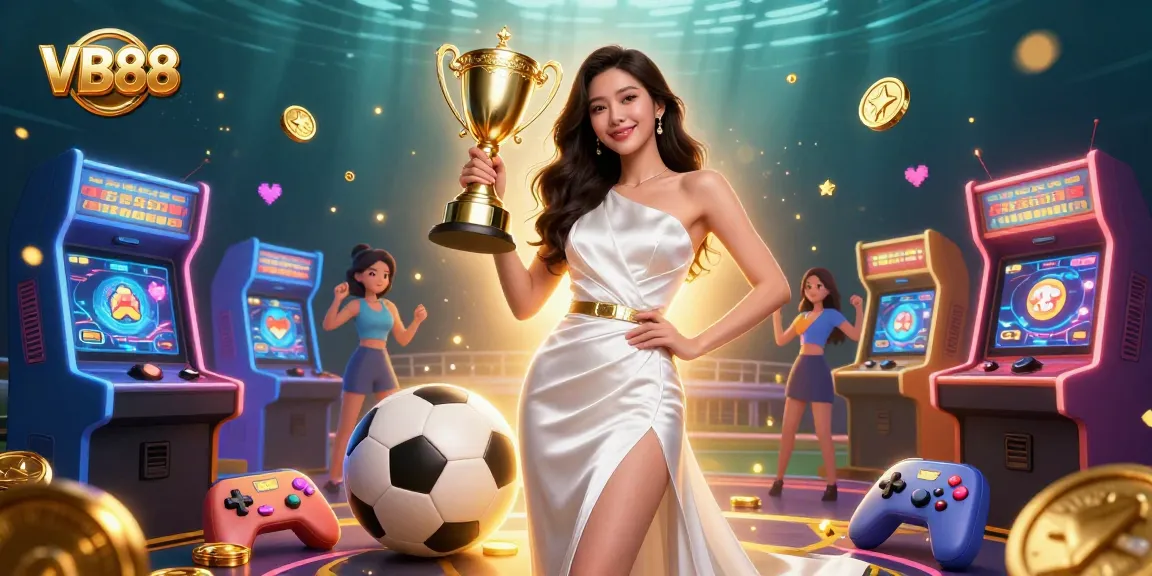 Experience thrilling wins at VB88 with vibrant gaming elements and a victorious Asian character.