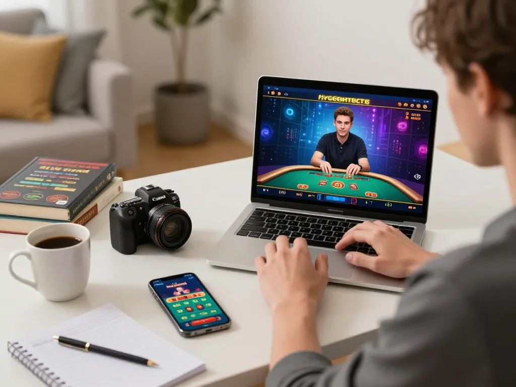 Player engaging with the hit-club casino app on a laptop, showcasing strategic online gambling at home.