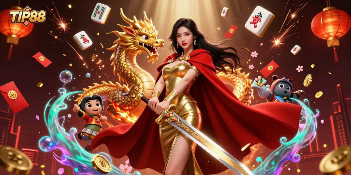 Experience the excitement of TIP88 in this vibrant casino-themed illustration showcasing games and rewards.
