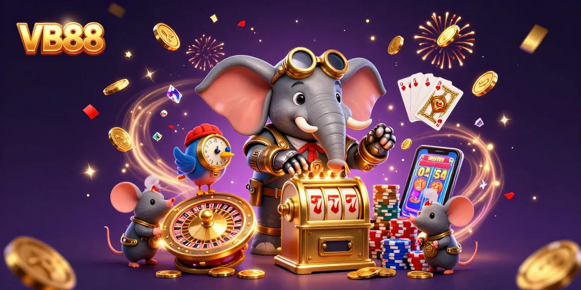 Experience VB88 with a steampunk elephant operating a golden slot machine amidst flying coins and vibrant casino elements.