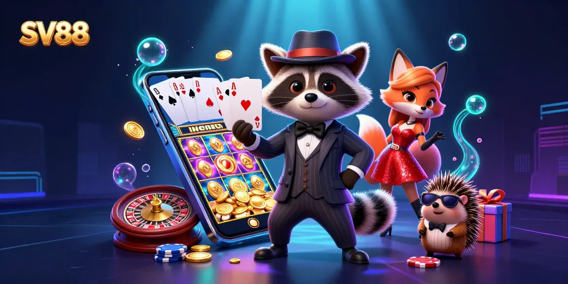 SV88 brings excitement with a raccoon, fox, and hedgehog amidst vibrant casino activities.