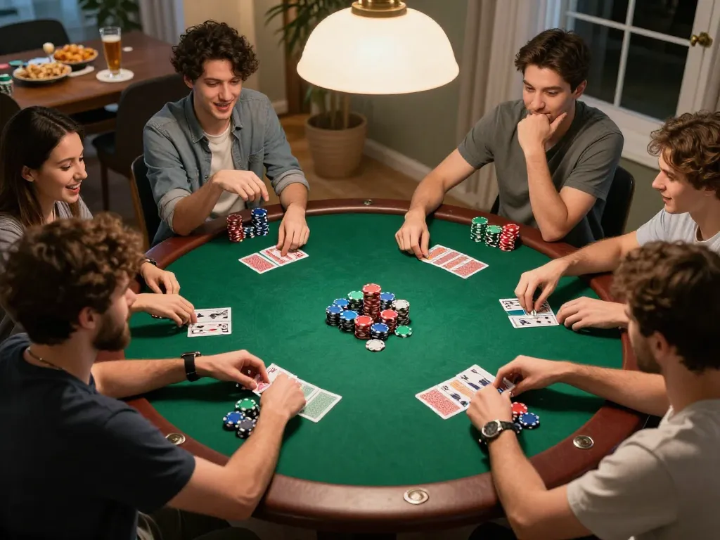 Enjoying a friendly poker game at home with fo88r strategy cards and chips in play, friends engaging in friendly competition