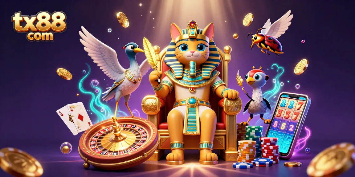 Experience winning thrills at tx88 com with a rich 3D illustration of animated casino elements.